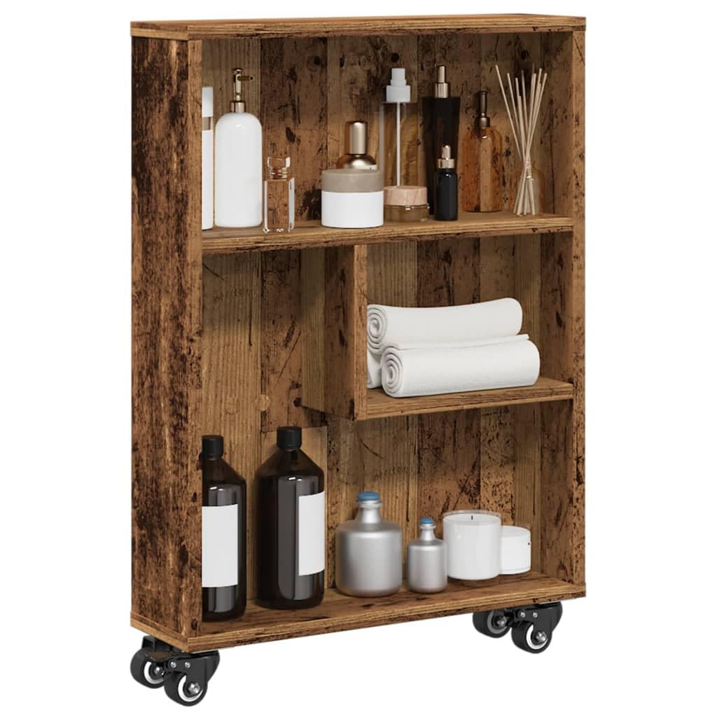 Carro de almacenamiento fino de madera envejecida (48 x 13 x 68 cm, con ruedas bloqueables, para carro de almacenamiento estrecho con ruedas giratorias y carro de cocina estrecho