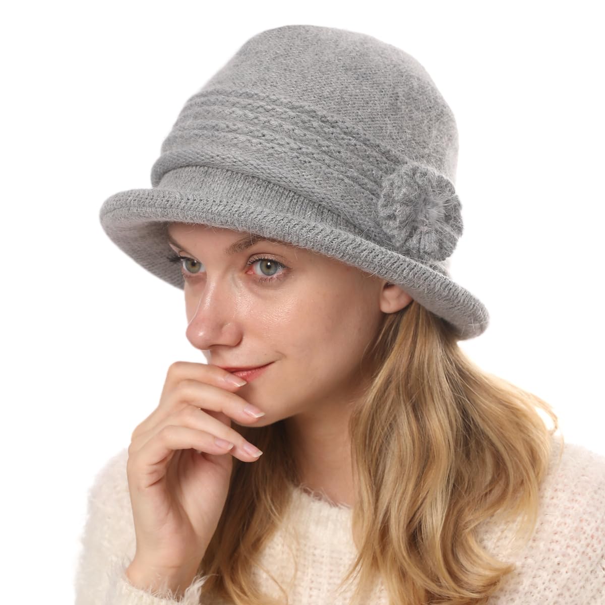 iNszkoos Women's Wool Knit Winter Cloche Hat, Ladies 1920s Retro Flower Bowler Bucket Hat, Soft Peaked Warm Hat, Derby Church Hat, Grey