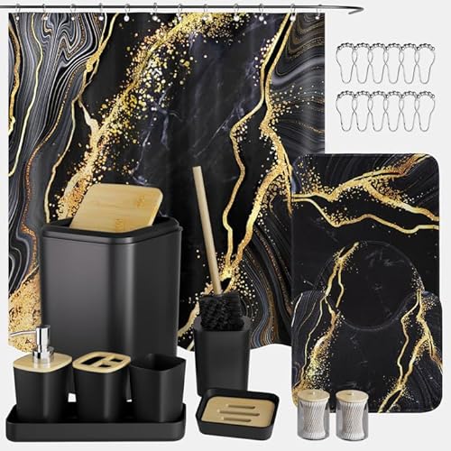 XLHOMO Bathroom Set Bathroom Sets with Shower Curtain and Rugs,Black