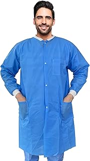 AMZ Disposable Lab Coats. Pack of 10 Blue Adult Frocks. Medium Size Polypropylene Fabric Lab Coats with Filtration Layer. Non-sterile Comfortable Workwear with Long Sleeve, Elastic Cuff.