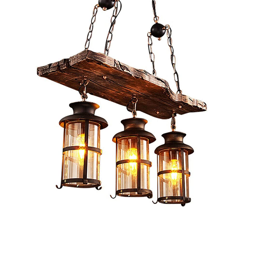 Drewniana lampa wisząca w stylu wiejskim, rustykalny drewniany przemysłowy żyrandol oświetlenie wyspy kuchennej, 2 światła, vintage czarny metalowy żyrandol wiszący, szklany klosz