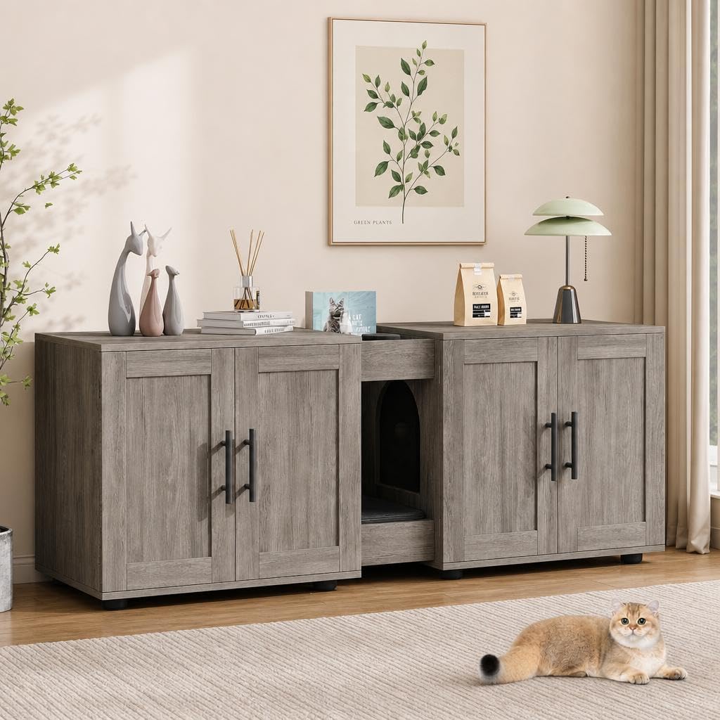 Zstar Katzenklo Schrank 2 Katzen Holz Doppelkammer | Geschlossene Katzentoilette mit stilvollem Design für mehr Ordnung, Privatsphäre und harmonische Wohnräume