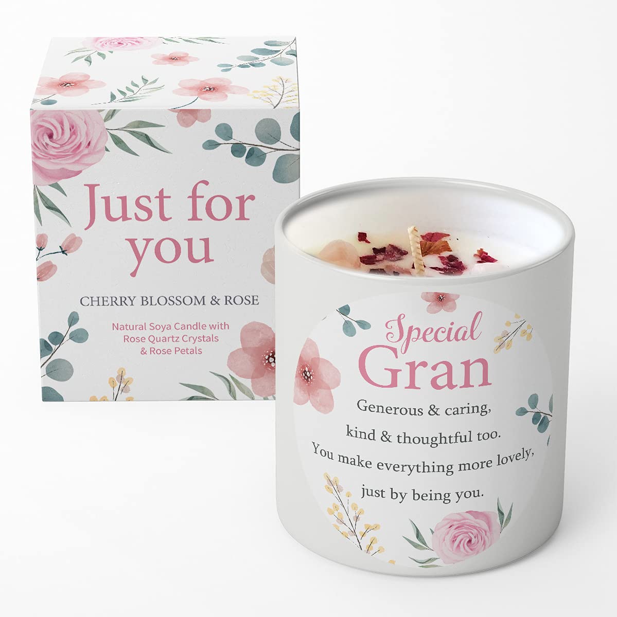 Gran Candle That Makes a Thoughtful Gifts for Gran - Ideal Mother’s Day Christmas Birthday Gifts SOYA Candle with Rose Quartz and Rose Petals