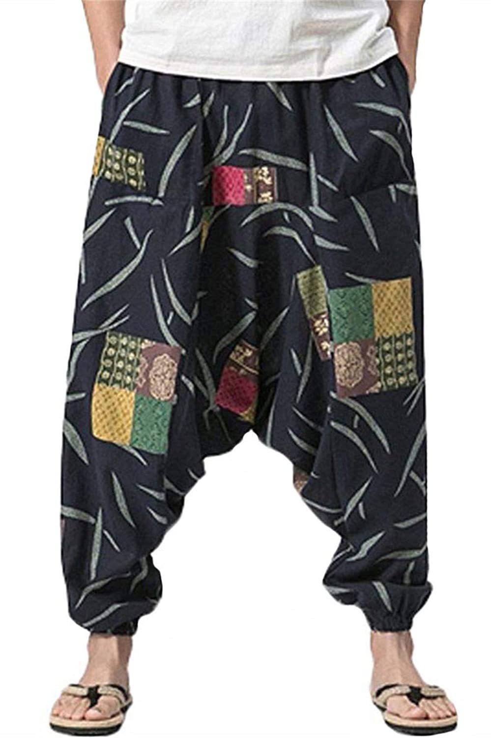 PERDONTOO Hommes Sarouel Confortable Taille Élastique Décontracté Hippies Pantalon