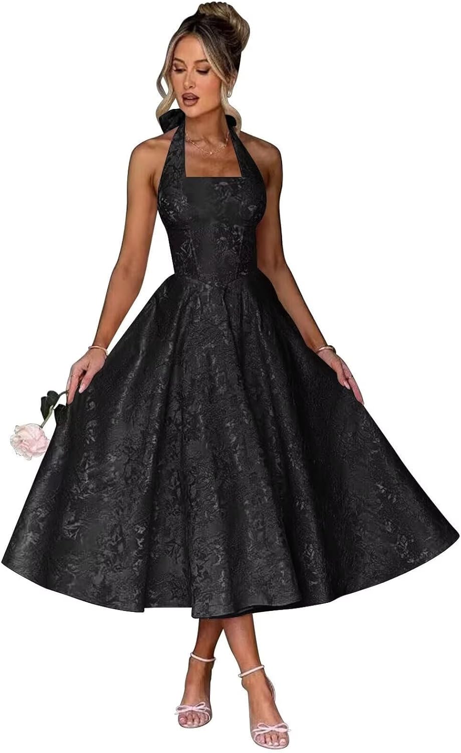 Jacquard Satin Prom Dresses 2026 with Bow A-line Midi Halter Square Neck Formal Party Gowns with Pockets