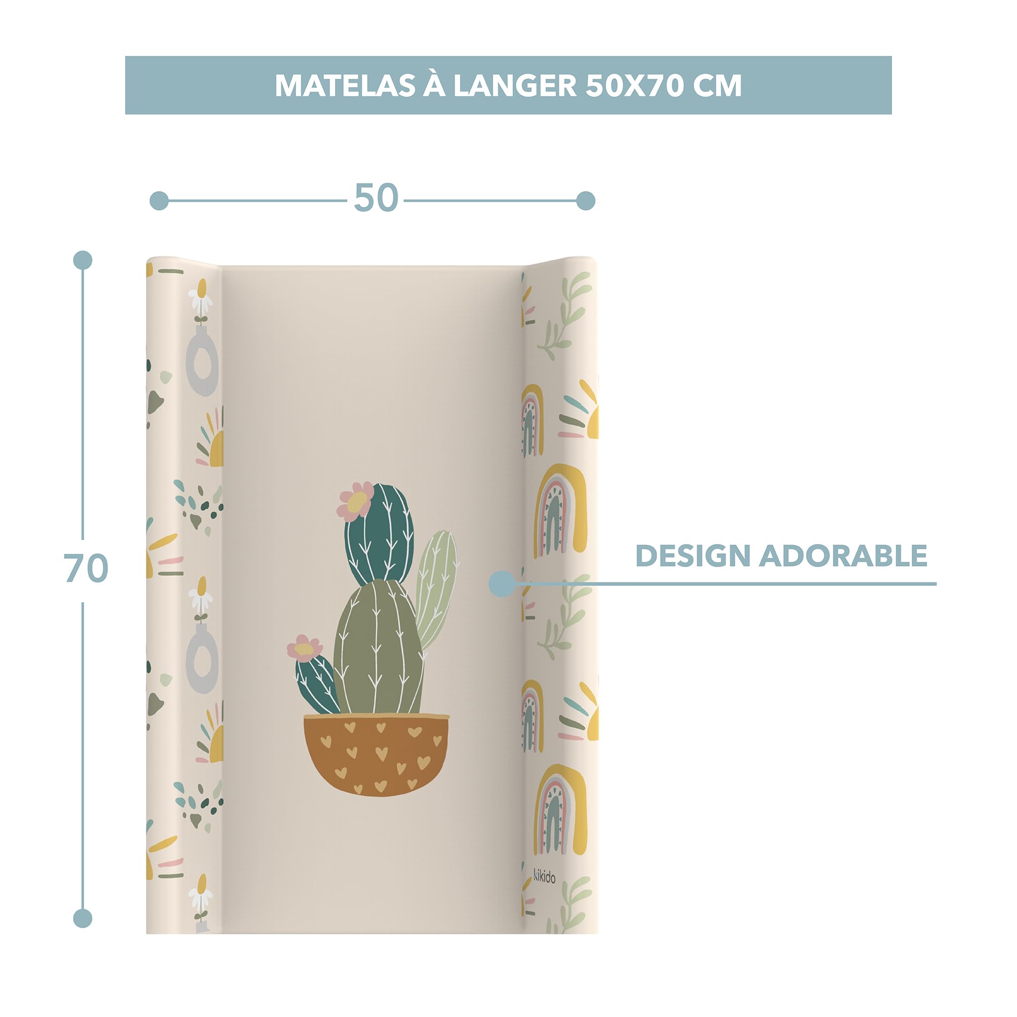 Kikido Matelas à Langer Bebe 50x70 cm - Cactus - Table a Langer Lavable pour Changer le Couche - Matelas à Langer Bébé avec Bords 70x50 - Universel et Imperméable