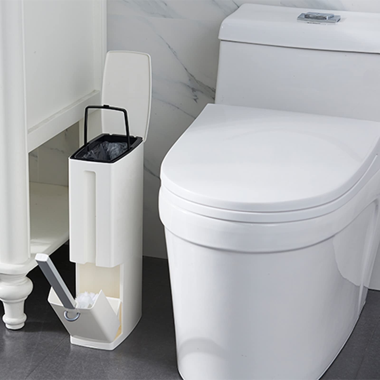 Escobilleros Escobilla de baño Juego de botes de basura Herramienta de limpieza de inodoros Juego de escobillas de inodoro con un lugar for almacenar bolsas de basura for ahorrar espacio (blanco/marró