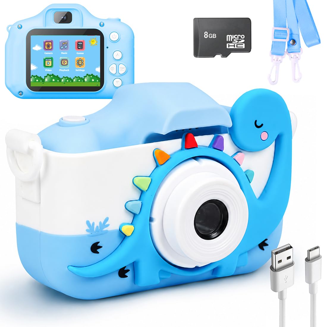 Wembley Kids Digital Camera Compact Dino Design Selfie Camera Video Recorder Photo Capture Games 4GB SD Card 2.0 Inch Screen for Girls Boys 4+ 5 6 7 8 - Blue-image-12