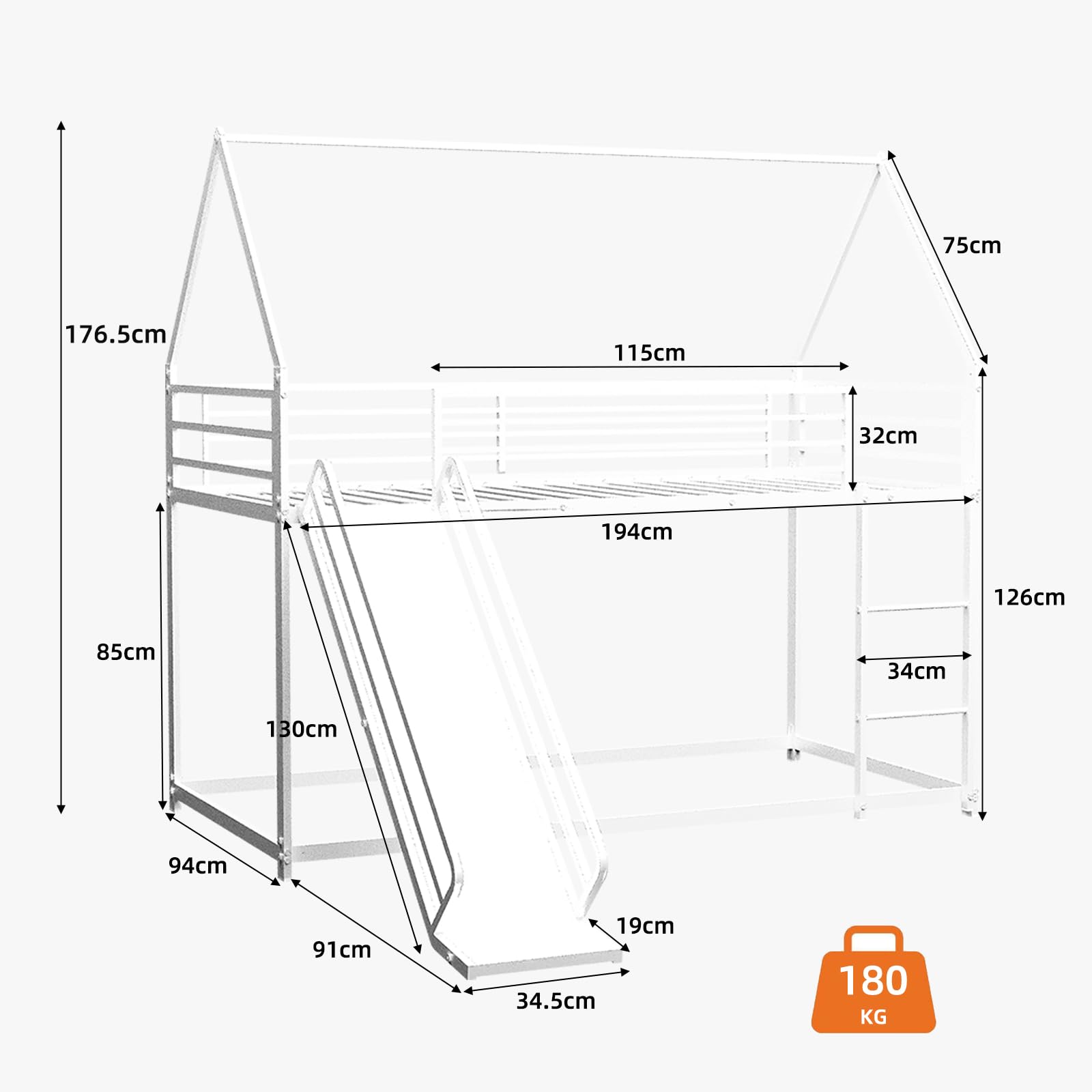Lit Superposé Enfant 90 * 190 cm avec Toboggan et Escalier, Lit Cabane en Métal Robuste avec Barrière de Sécurité et Sommier, Design Moderne Gain de Place pour Chambre d'enfant Blanc
