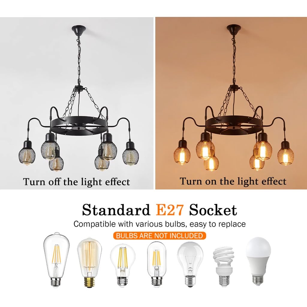 Żyrandol Retro E27 Lampa wisząca 8 świateł Żelazna Antyczne okrągłe metalowe lampy Rustykalne lampy sufitowe Czarne wykończenie
