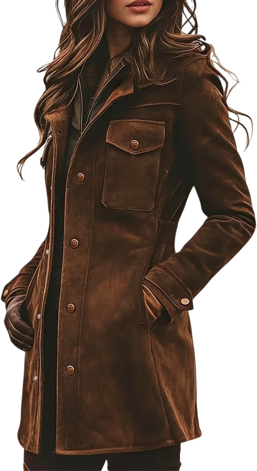 Faux Suede Jacket Women Brown Retro Faux Leather Jackets Military Utility Safari Jacket Shackets Long Coats Outwear - Image 5