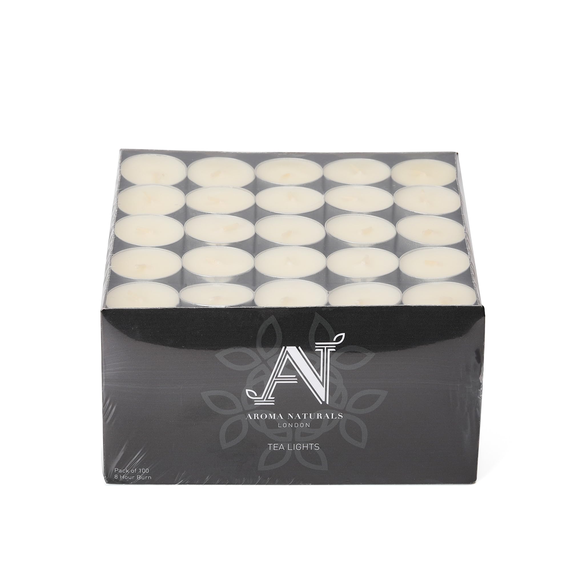 Aroma Naturals London Unscented Tealights 8 Hours Candles Pack of 100, White; Aluminium, D3.72 x H2.5cm