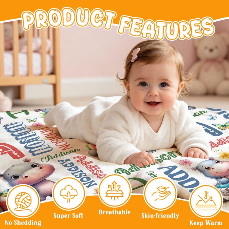 Image of Custom Hippo Blanket for Boys Girls,Ultra Soft Personalized Gifts Baby Blanket,Customized Throw for Toddlers Newborn Stroller Crib,40 inchx50 inch