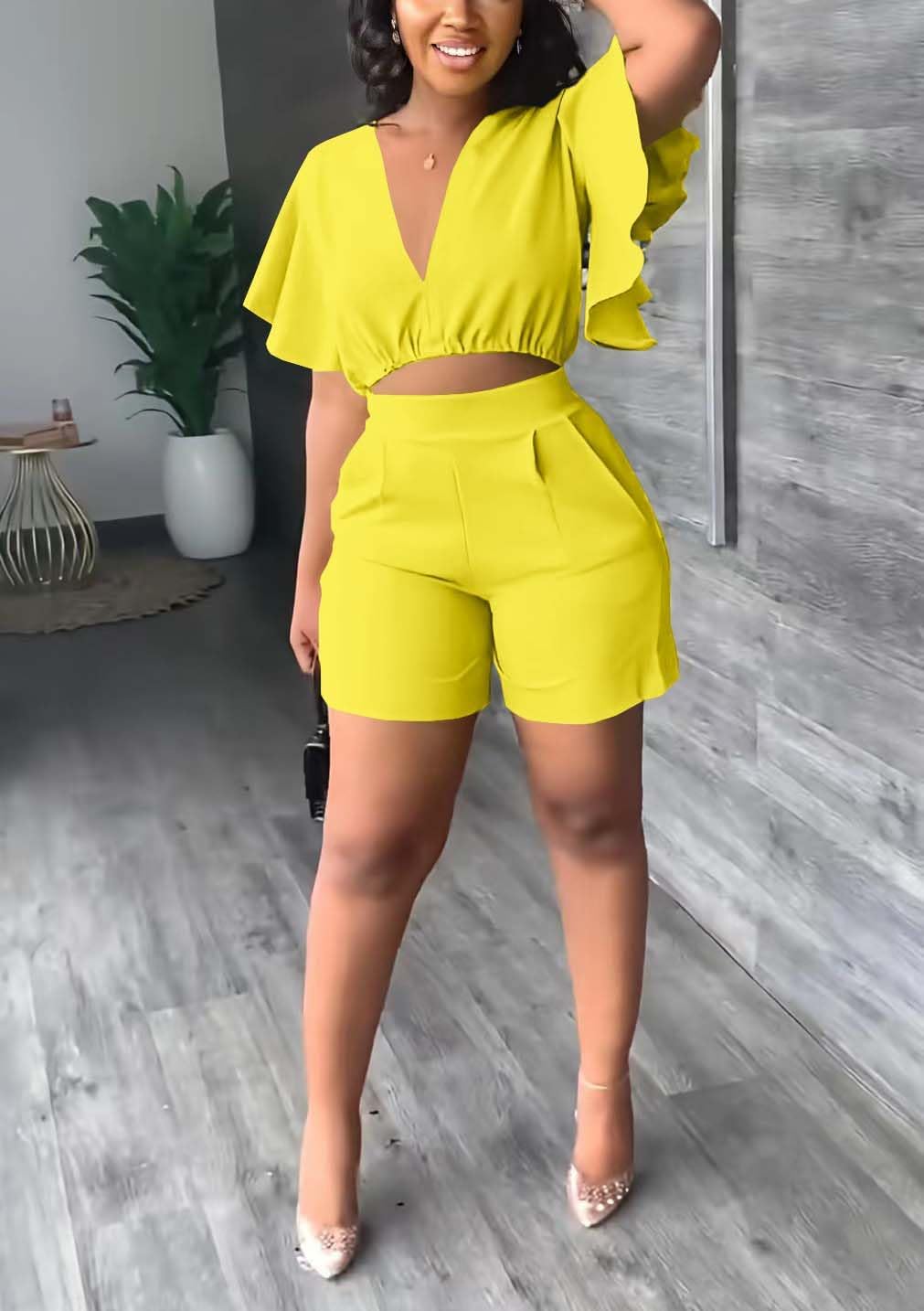 Fooullaide Womens Summer 2 Piece Outfit Set Crop Top Butterfly Sleeve Short Set Sexy Beach Vacation 2pc Sets - Image 2