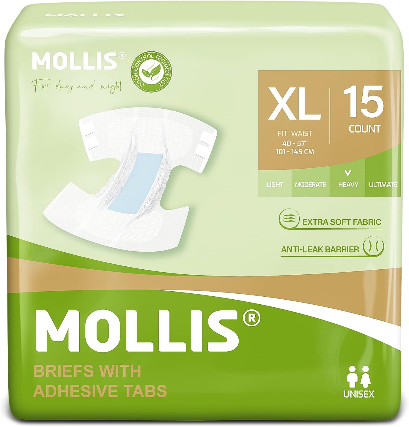 Adult Diapers for Women and Men, Unisex Disposable Incontinence Briefs with Tabs, Odor Control, XLarge, 15 Count