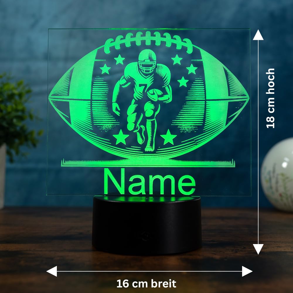 Personalisierte LED Football Lampe – Nachtlicht & Tischlampe mit Name – American Football Geschenk für Kinder, Jugendliche & Erwachsene – Football Deko für Zuhause & Vereinsheim, 16 Farben dimmbar