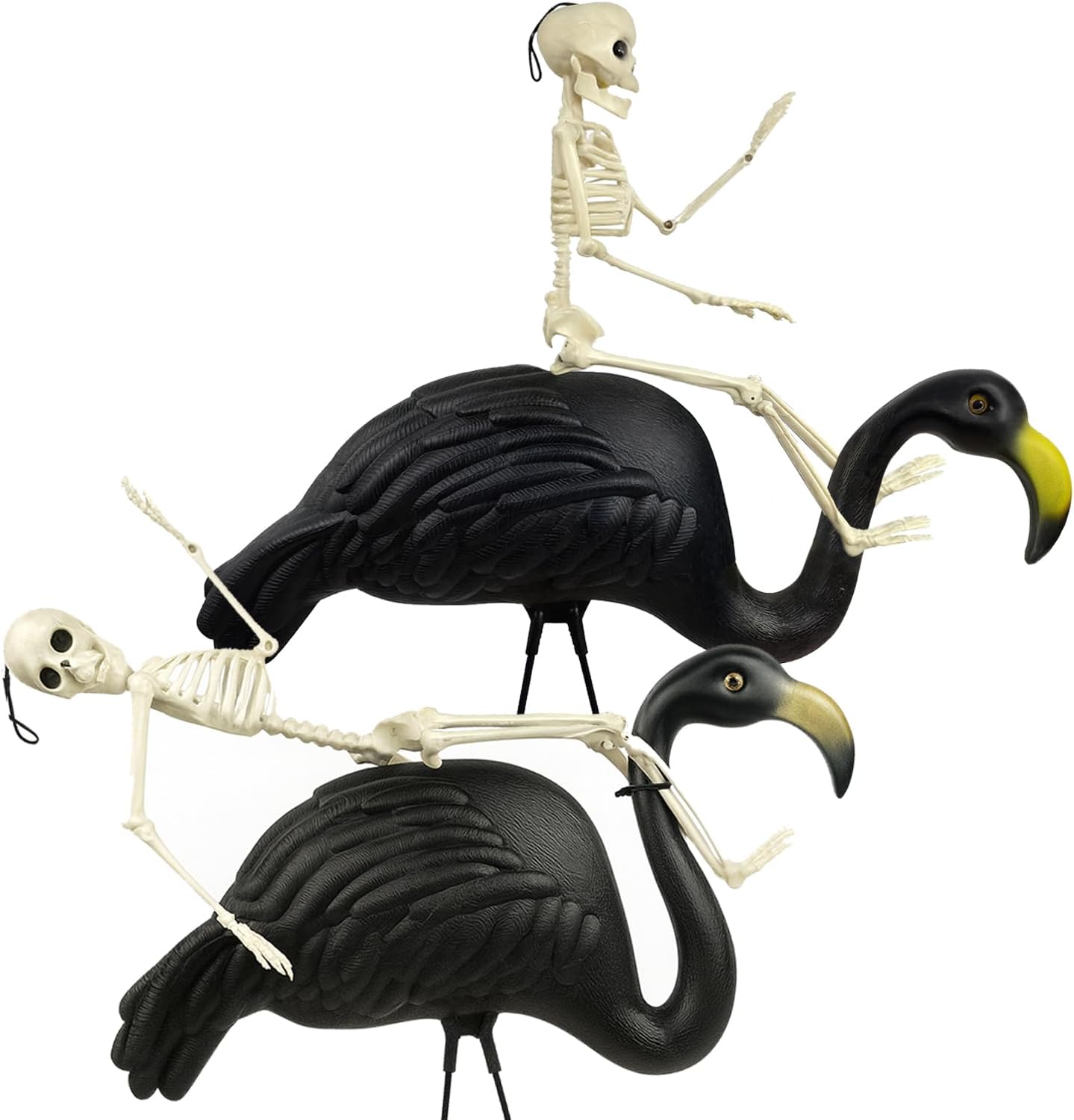 GiftExpress 2-Pack Large Black Flamingo Decor with 2-Pack 16" Posable Skeletons - Halloween Tropical Outdoor Yard Decorations, Spooky Graveyard Lawn & Porch Bird Statues