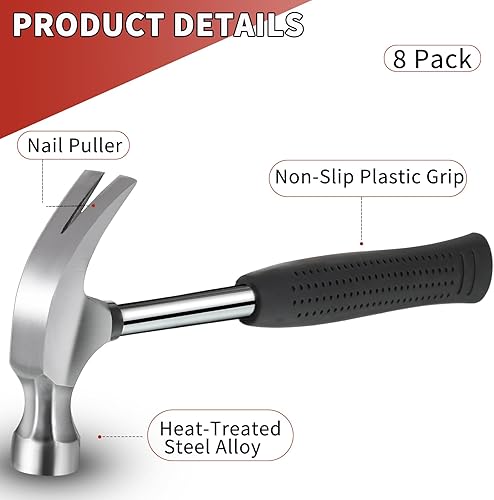 Miniatura 3 de 8 martillos pequeños de 8 onzas, mini martillos de garra rechonchos para niños, ligeros y sólidos con mango de goma suave para colgar fotos,