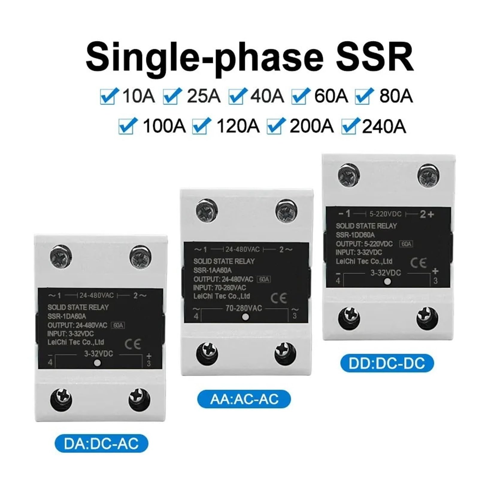 Przekaźnik półprzewodnikowy SSR Solid State Relais DC ZU AC AC do AC DC do DC Jednofazowy przekaźnik sterujący 10A 25A 40A 60A 80A 100A 120A 200A 240A (AC-AC, 120A)