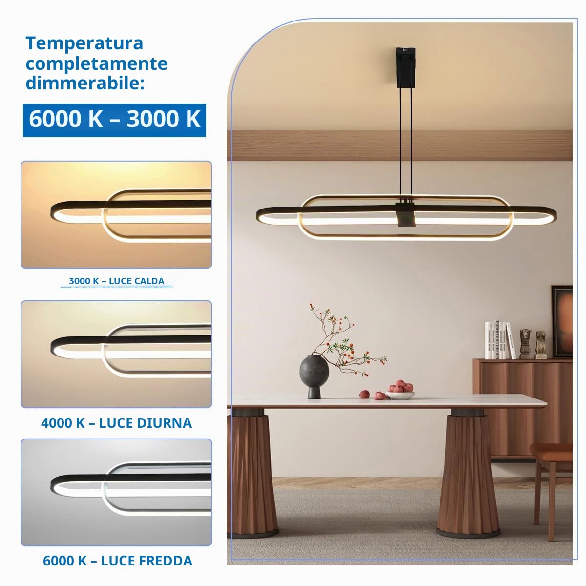 Lampadario Ovale Moderno LED Lampade a Sospensione Dimmerabile Doppio Anello Design Isola Cucina Lampadari Soggiorno,Regolabile Lineare Soffitto Camera Letto Lampadario Plafoniera,Nero 99cm