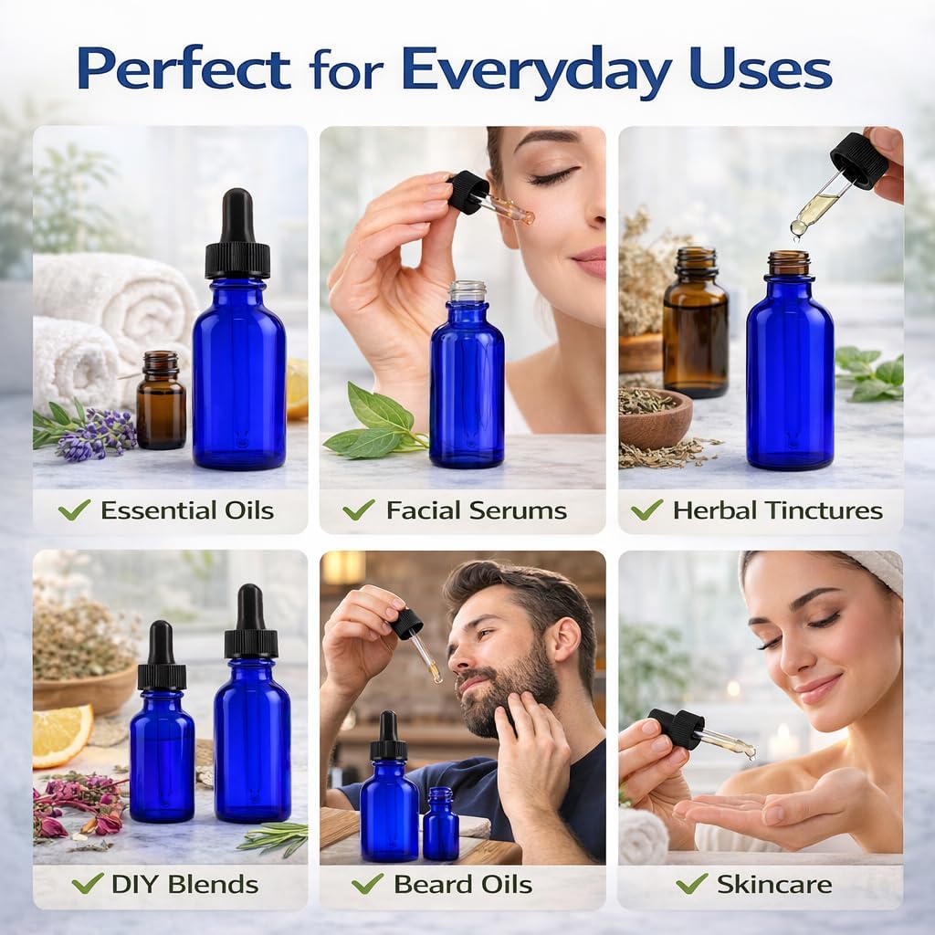 GreenHealth 2oz Cobalt Blue Glass Dropper Bottles – Pack of 2 – Refillable, UV Protection, BPA-Free, Travel Size – Ideal for Essential Oils, Serums, Tinctures, DIY Aromatherapy