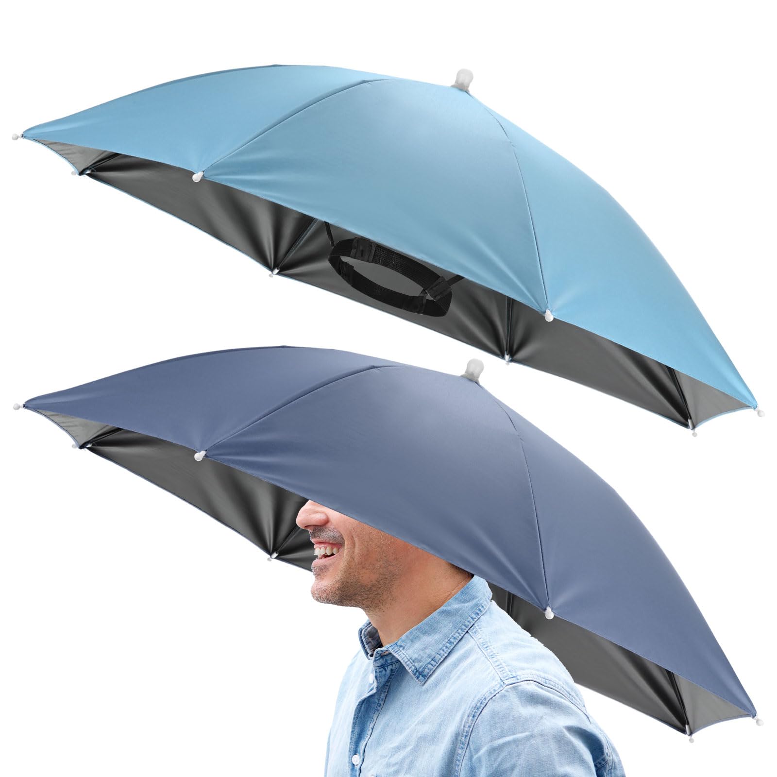 TIXIPEM 26" Headband Umbrella Hat [2 Pcs] - Hands Free Foldable Umbrella Cap Sun Hat Use for Fishing & Gardening & Camping & Hiking - [Sky Blue+Misty Blue] Black Glue Top Outdoor