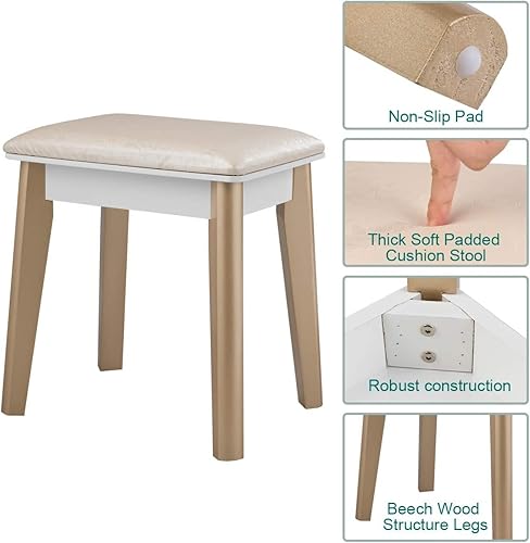 Miniatura 4 de Juego de tocador, espejo redondo LED con pantalla táctil, tocador con taburete acolchado, 4 cajones de almacenamiento y escritorio espacioso, 3