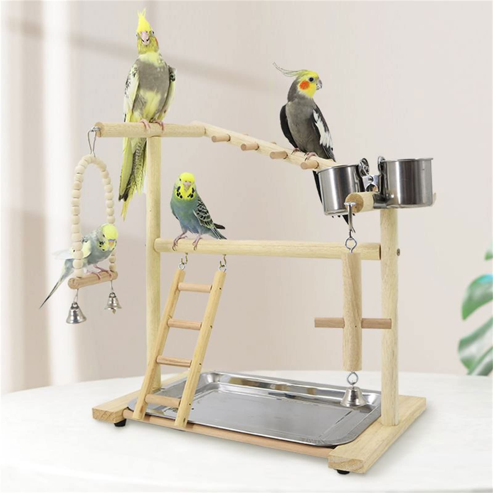 Vogel Sitzstangenständer, Papageien Spielständer mit Edelstahl Tablett, Futterbecher, Leiter, Schaukel, Holz Kauspielzeug für kleine Vögel, Vogelspielplatz, Naturholz Sitzstangenständer mit Schüsseln,