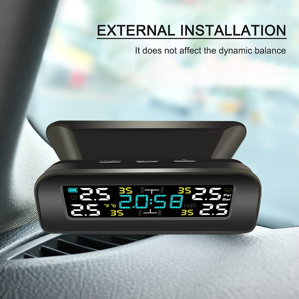Tpms Sistema di monitoraggio della pressione dei pneumatici wireless universale Orologio a energia solare Display 4 sensori di pressione dei pneumatici esterni Pressione Pneumatici(External Sensor)