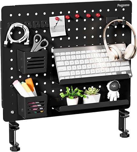 PEGZONE Tablero de clavijas de escritorio con abrazadera, accesorios de escritorio para oficina, juegos, hogar, tablero magnético de metal con 15