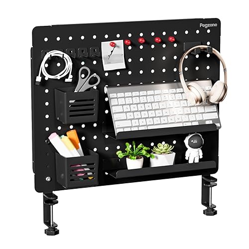 PEGZONE Clamp-on Desk Pegboard, Desk Organizer for Office Gaming Home, Magnetic Metal Peg Board with 15 Accessories, Privacy Panel for Office, 20.4" x 16.5", Large, Black - Black - Large