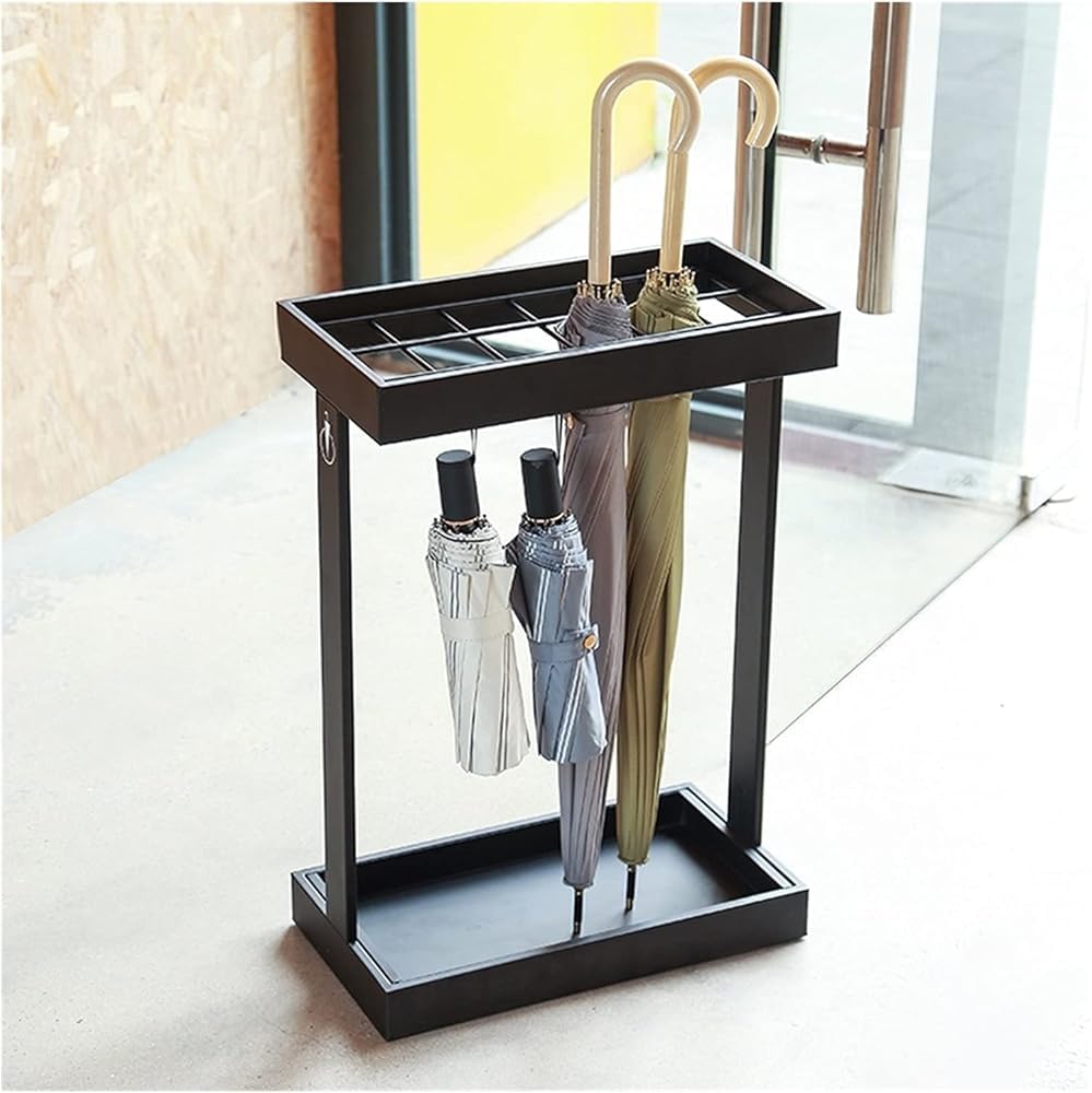 SaryEdge Metal Umbrella Stand for Commercial Use, 16 Umbrella Holder with Mobile Drip Tray & 4 Hooks, Stylish White Corridor Entrance Umbrella Rack, Durable St,Black