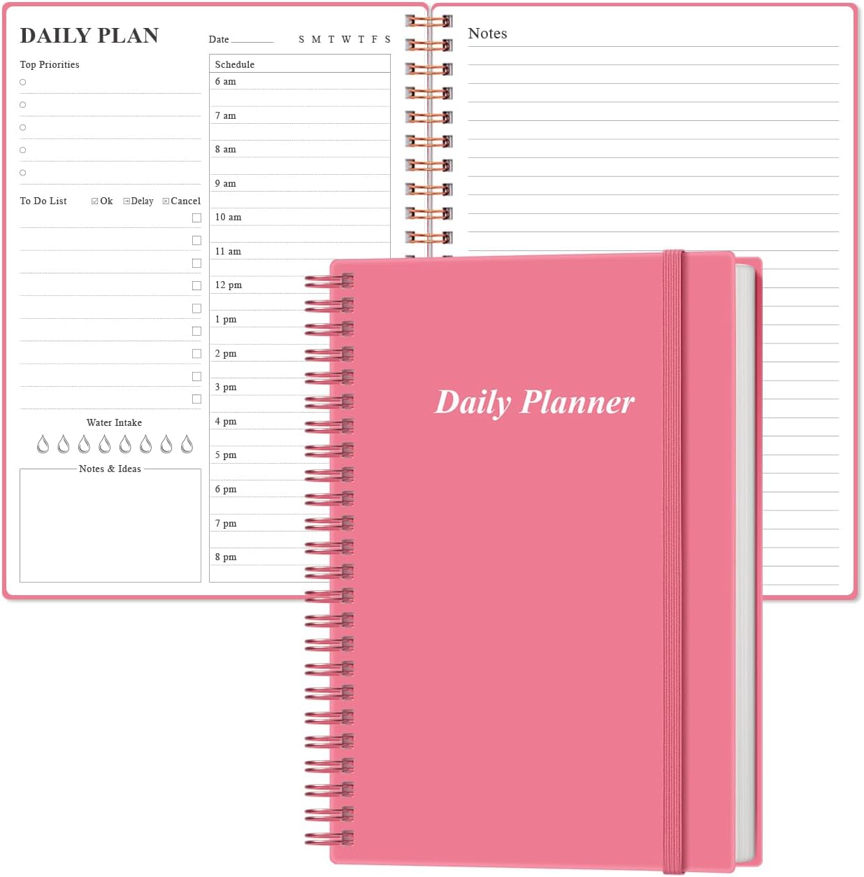 Daily Planner Undated – A5 To Do List Notebook Hourly Schedules, Spiral Appointment Planner for Women and Men, PVC Hardcover, Inner Pocket, Elastic Closure, 5.8″ x 8.3″, Pink