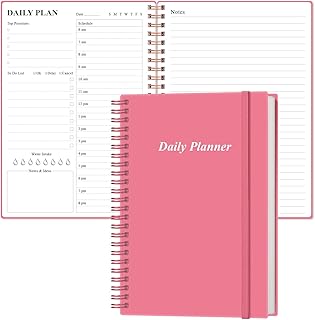 Daily Planner Undated - A5 To Do List Notebook Hourly Schedules, Spiral Appointment Planner for Women and Men, PVC Hardcover, Inner Pocket, Elastic Closure, 5.8" x 8.3", Pink