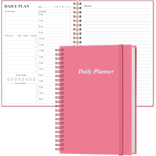 Daily Planner Undated - A5 To Do List Notebook Hourly Schedules, Spiral Appointment Planner for Women and Men, PVC Hardcover, Inner Pocket, Elastic Closure, 5.8" x 8.3", Pink
