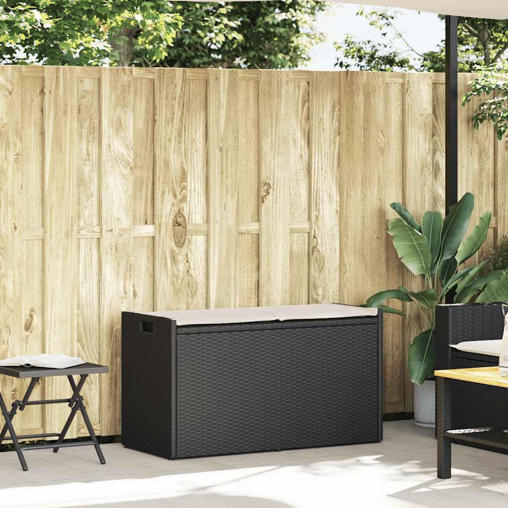 Panca portaoggetti da esterno con cuscino nero, 100 cm, in resina intrecciata, baule da giardino con spazio interno e borsa impermeabile, seduta comoda imbottita, apertura