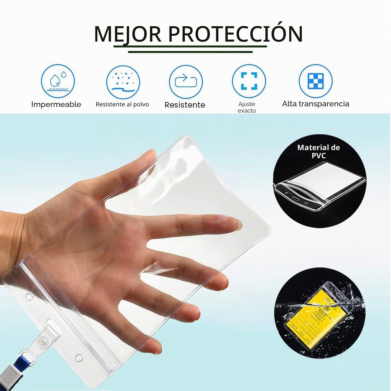 A6 Porta credenciales, paquete de 6, 11x16 cm, impermeables con correa, porta credenciales transparentes de gran tamaño para empresa, exposición, grupo