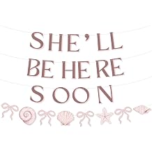 She'll Be Here Soon Baby Shower Banner, Pink Ocean Seashell Theme Party Decorations, Under the Sea Gender Reveal Bunting for Girl Newborn Celebration Birthday