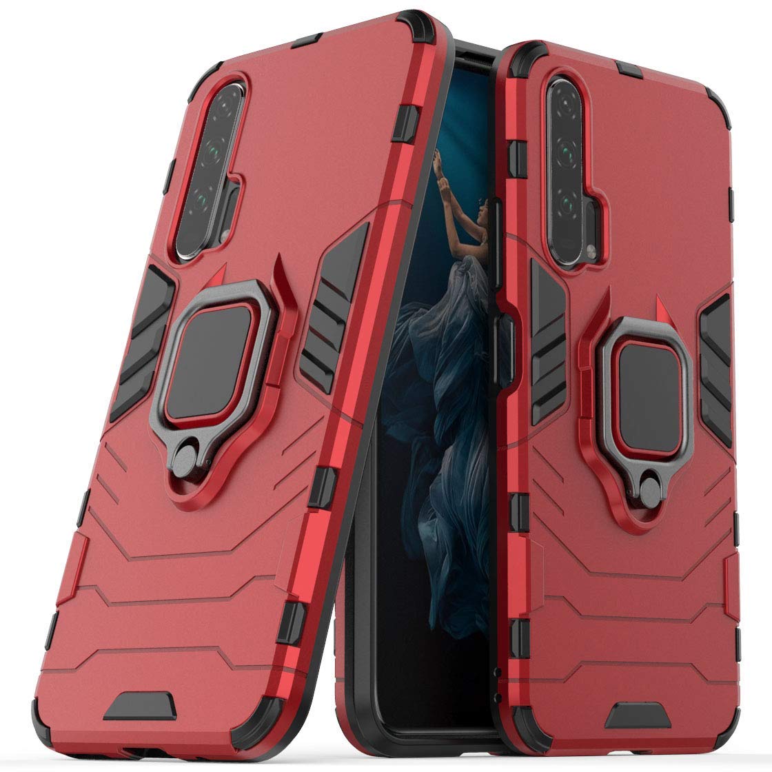 Compatible with Honor20 Pro Case, Metal Ring Grip Kickstand Shockproof Hard Bumper (Works with Magnetic Car Mount) Dual Layer Rugged Cover for Huawei Honor 20 Pro (Red)