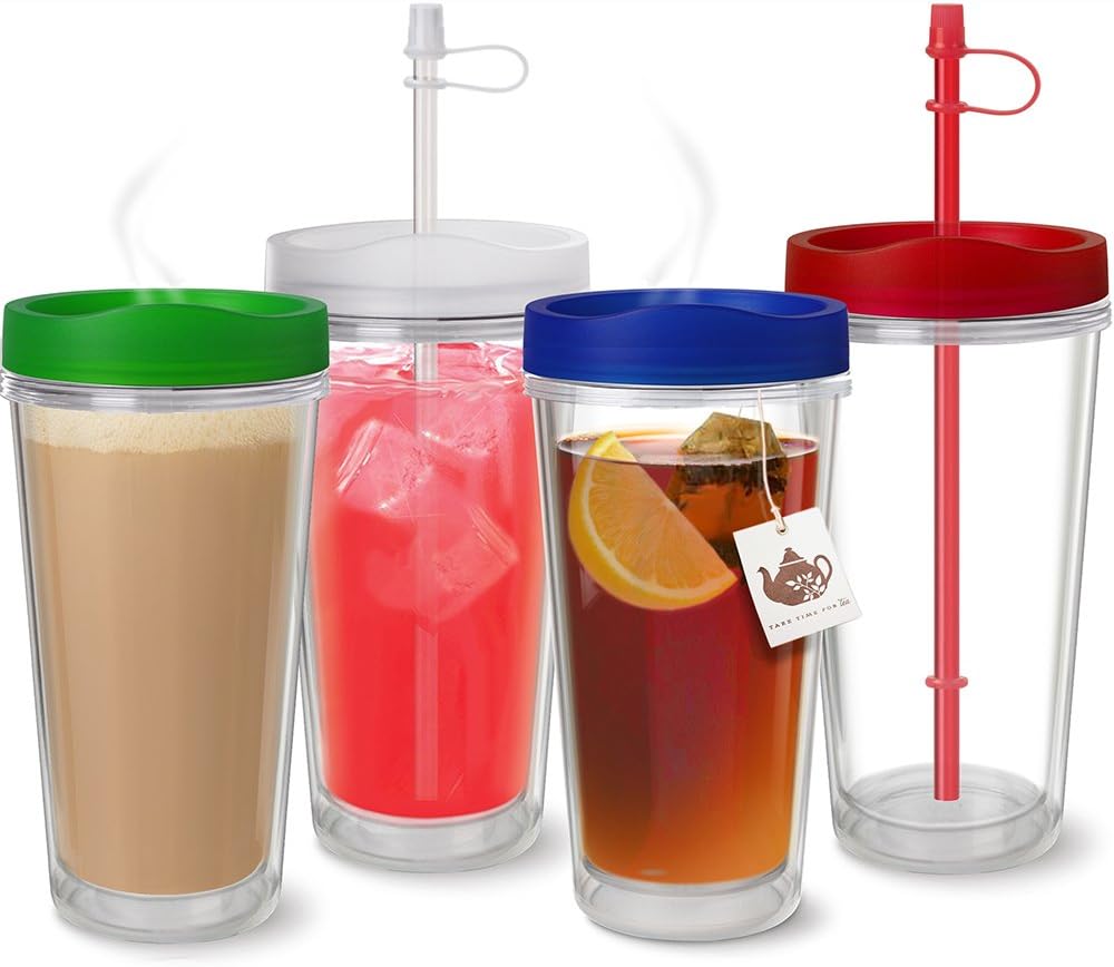 USA Made Clear Thermal Tumbler with Multi Color Lids & Straws - Set of 4 - Double Wall Insulated- USA Made Acrylic - 16 oz.