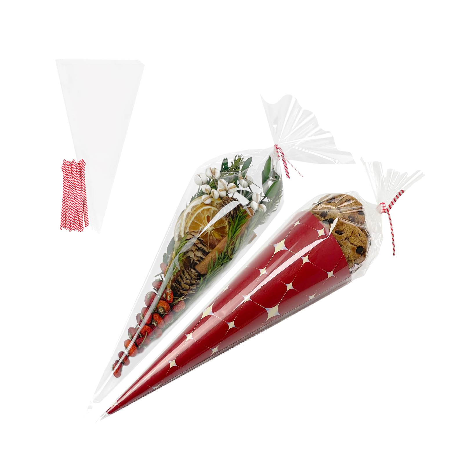 EKAPACKAGING 100Pcs 7x15 Inches Clear Cone Shaped Treat Cellophane Bags Twist Tie Triangle Christmas Party Favor Cotton Candy Bags With Ties For