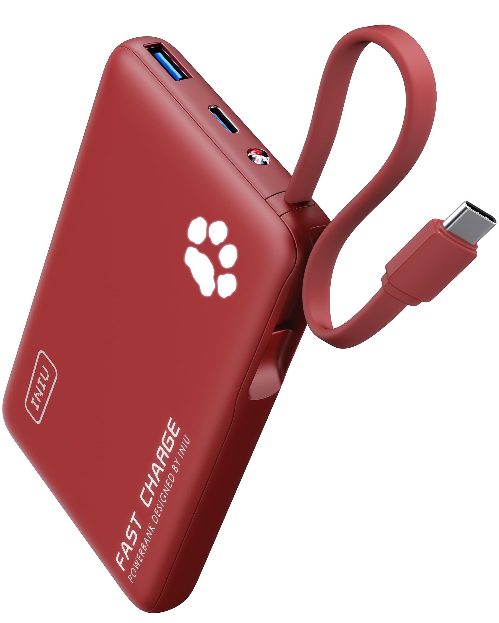 INIU Power Bank, Sottile 20W 10000mAh PowerBank con Cavo Integrato, Ricarica Rapida PD3.0 QC4.0 USB C Input & Output Caricatore Portatile per per iPhone 16 15 14 Pro Max Plus Samsung Huawei, Rosso