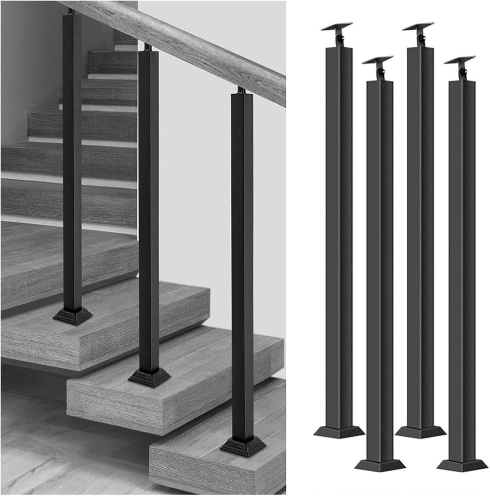 Lqsybhd Women's 4 Pack 270°Adjustable Square Baluster Posts Metal Railing Spindles With Flat Bracket Base And Screws Kits,Stairs Railing Posts For Deck Balcony Stair Decor(Size:95cm/37.4Inch,Color:4 Pack)