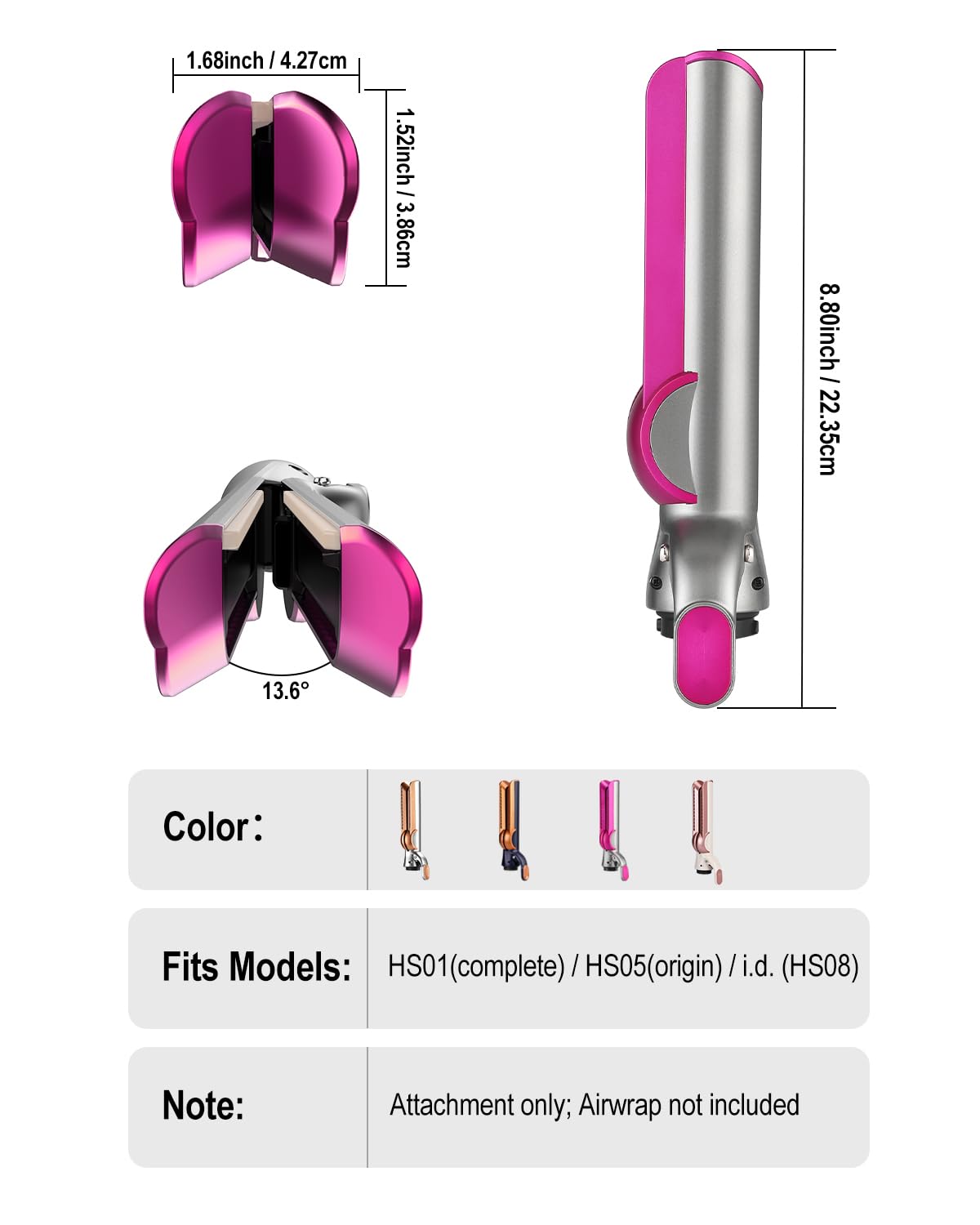 Airflow attachment compatible with Dyson Airwrap Multi-Styler, No heat damage for Natural Straight Styling, fits HS01 HS05 i.d. Fuchsia