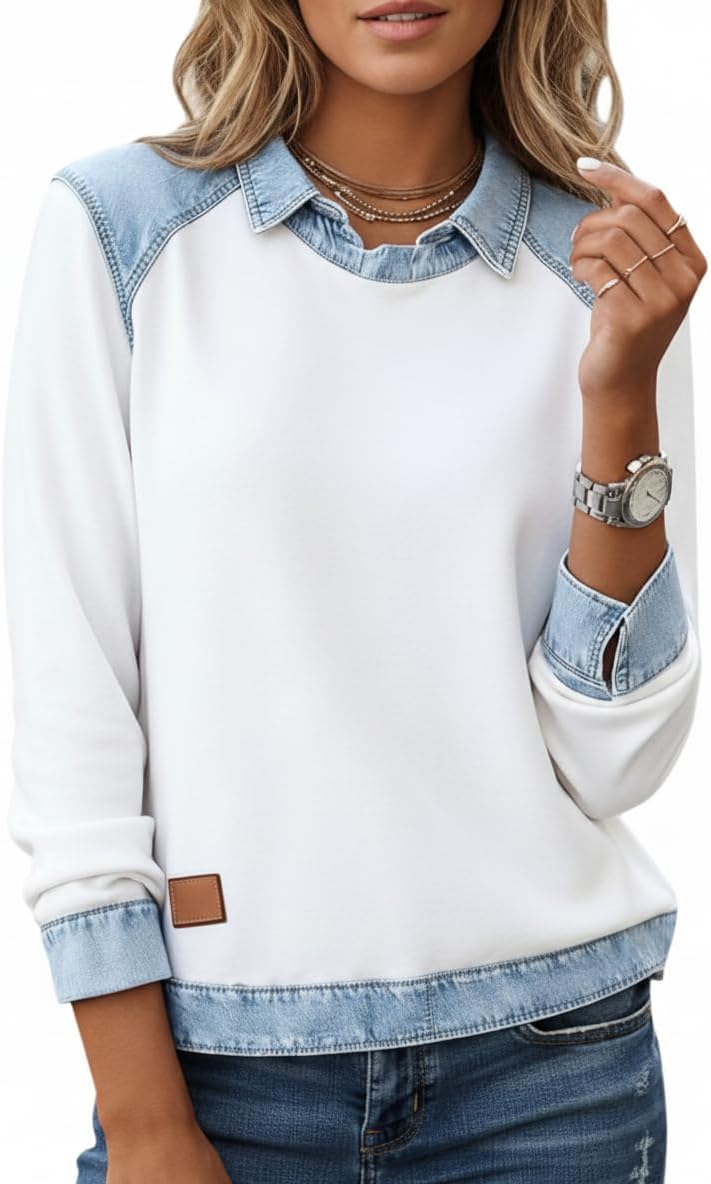 Akivide Women's Denim Patchwork Lapel Collar Long Sleeve Top Casual Loose 2 in 1 Work Layered Pullover Shirt Sweatshirt