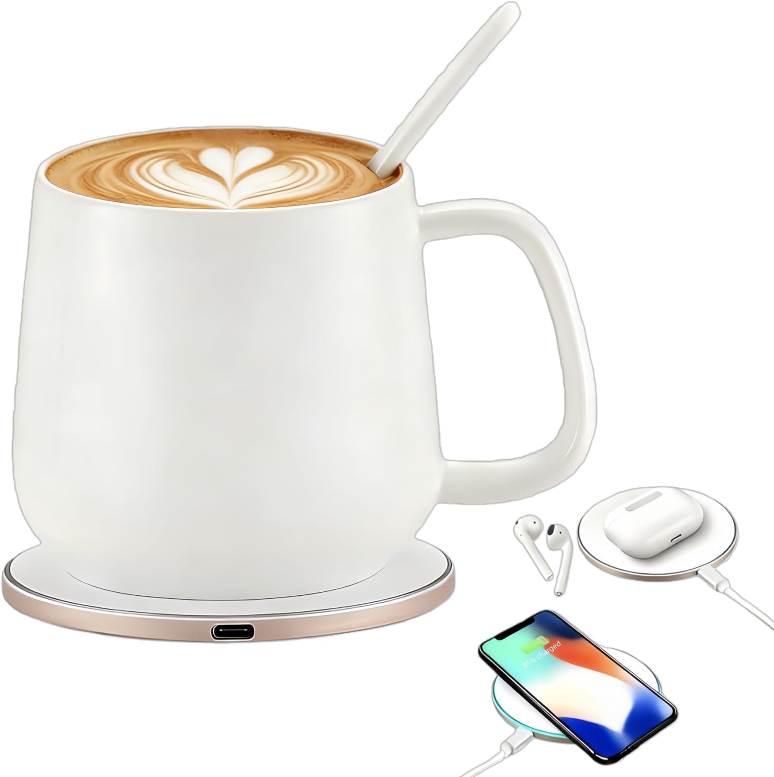 Smart Temperature Control Mug, 13 Oz Premium Ceramic Coffee Cup with 15W Wireless Charger, Charges Phones, Ceramic White