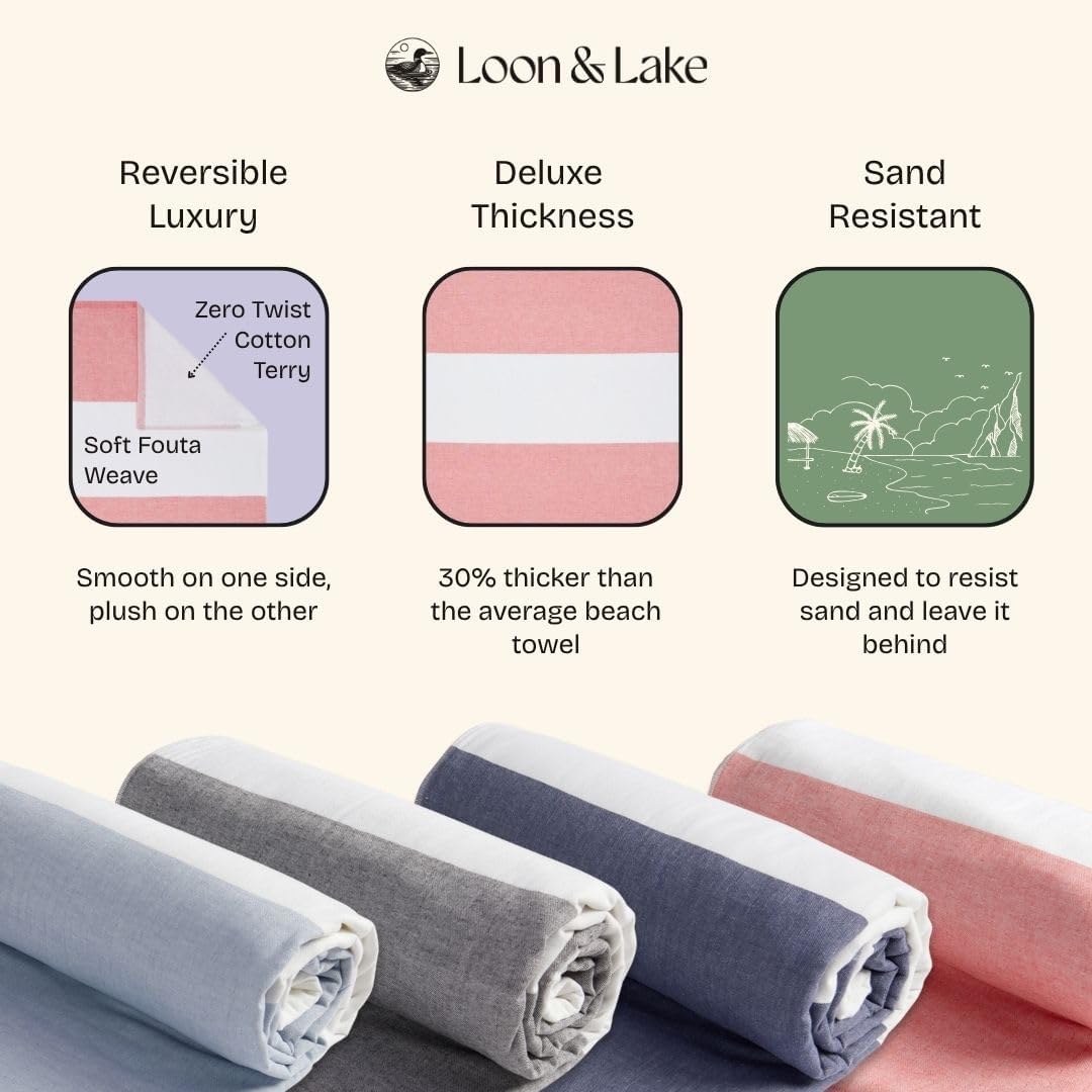 Loon & Lake Luxury Block Stripe Beach Towels | Oversized 36" x 72" | Crafted from 100% Combed Cotton | Plush and Absorbent Beach Towel or Pool Towels | Fouta & Terry | Balch Collection - Coral - Image 3