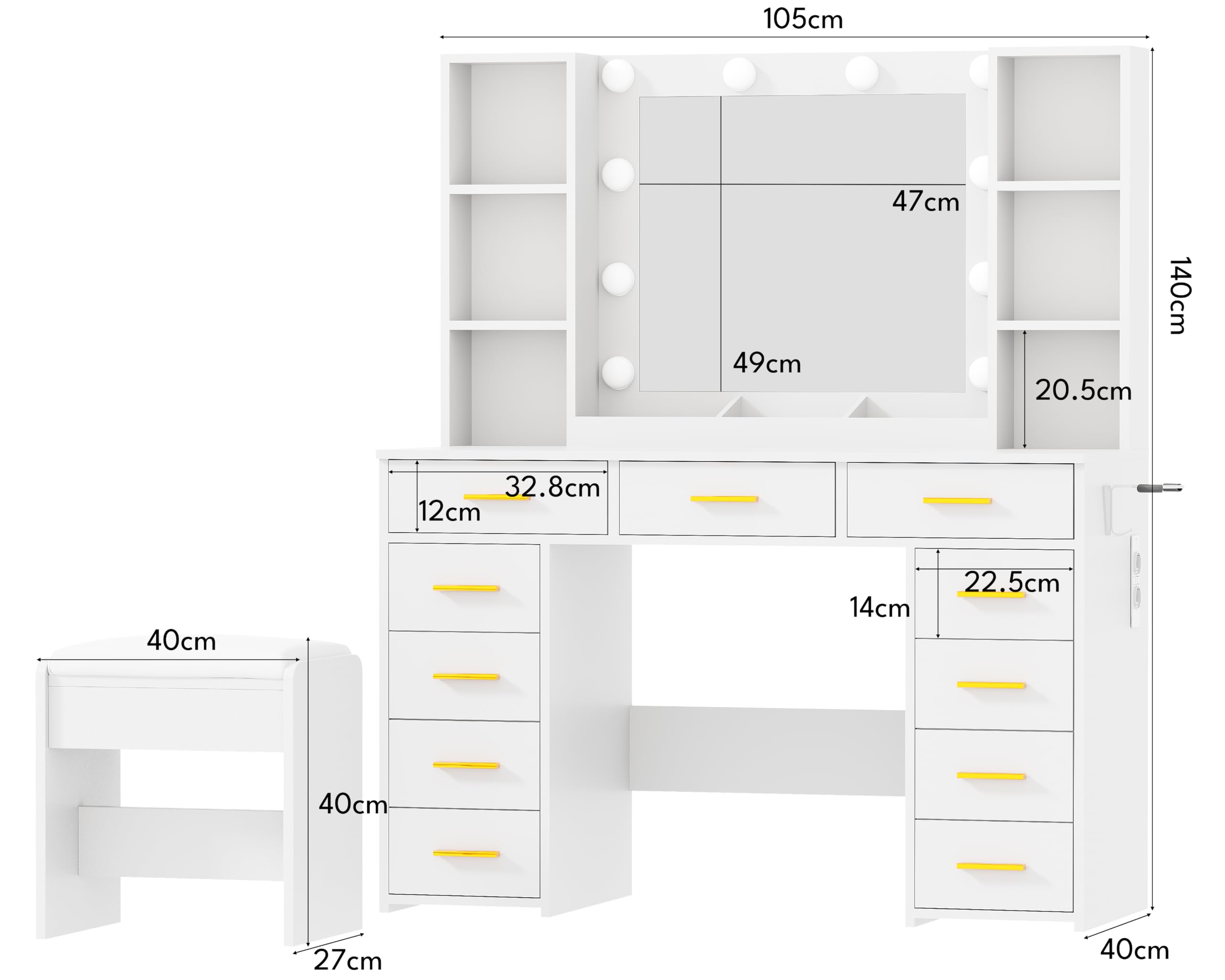 ANWBROAD Grande Coiffeuse avec Miroir LED et Tabouret Moderne Table de Maquillage avec 11 Tiroirs et Prise de Courant 3 Couleurs Coiffeuse avec Rangement 6 étagères Ouvertes Blanc 140x105x40cm BDT86W