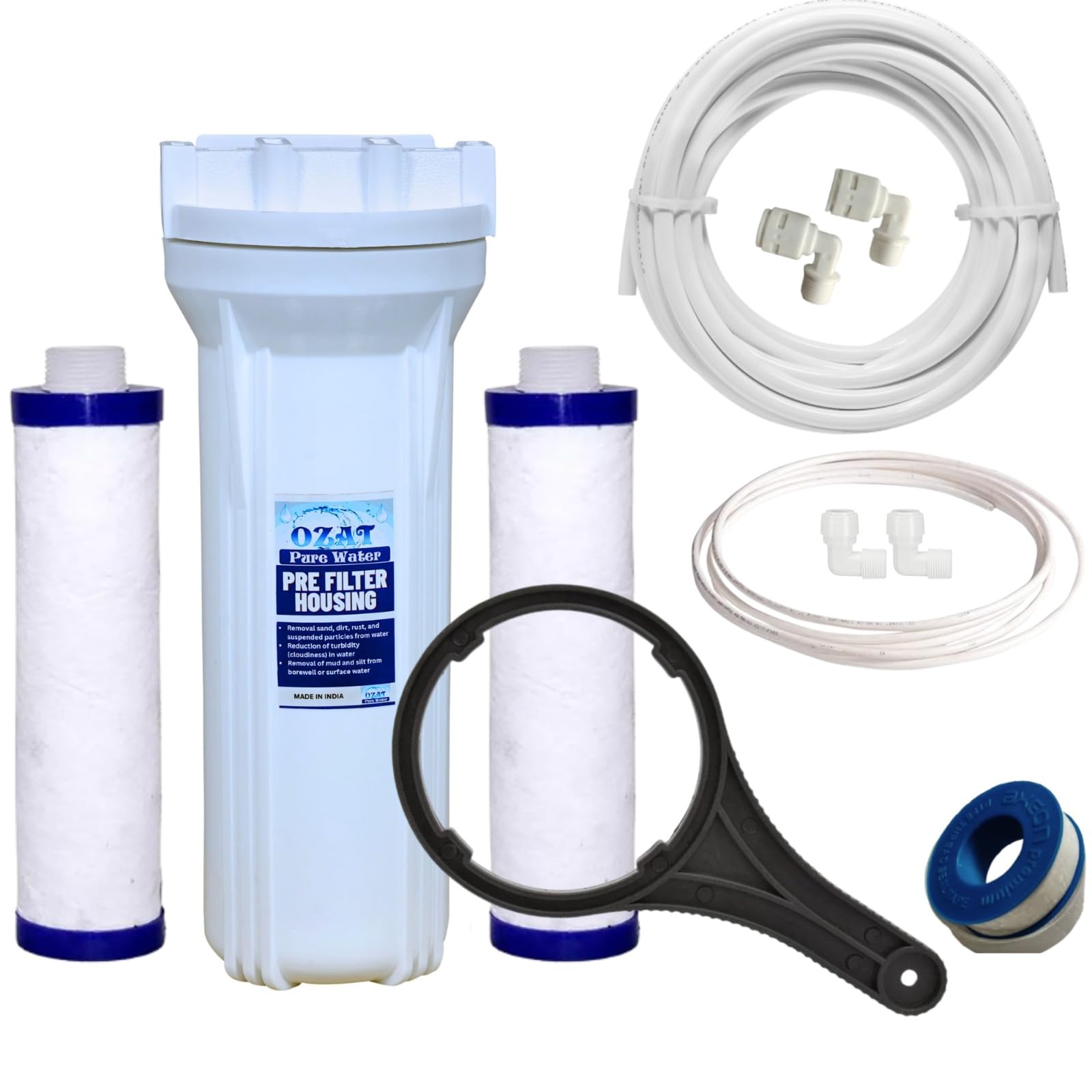 RO Pre Filter Kit for Water Purifier | External Sediment Prefilter with 2 MLT 9'' Candles, 1/4 & 3/8 Pipes (2 Meter Each) | Suitable for All RO Systems | White-image-23