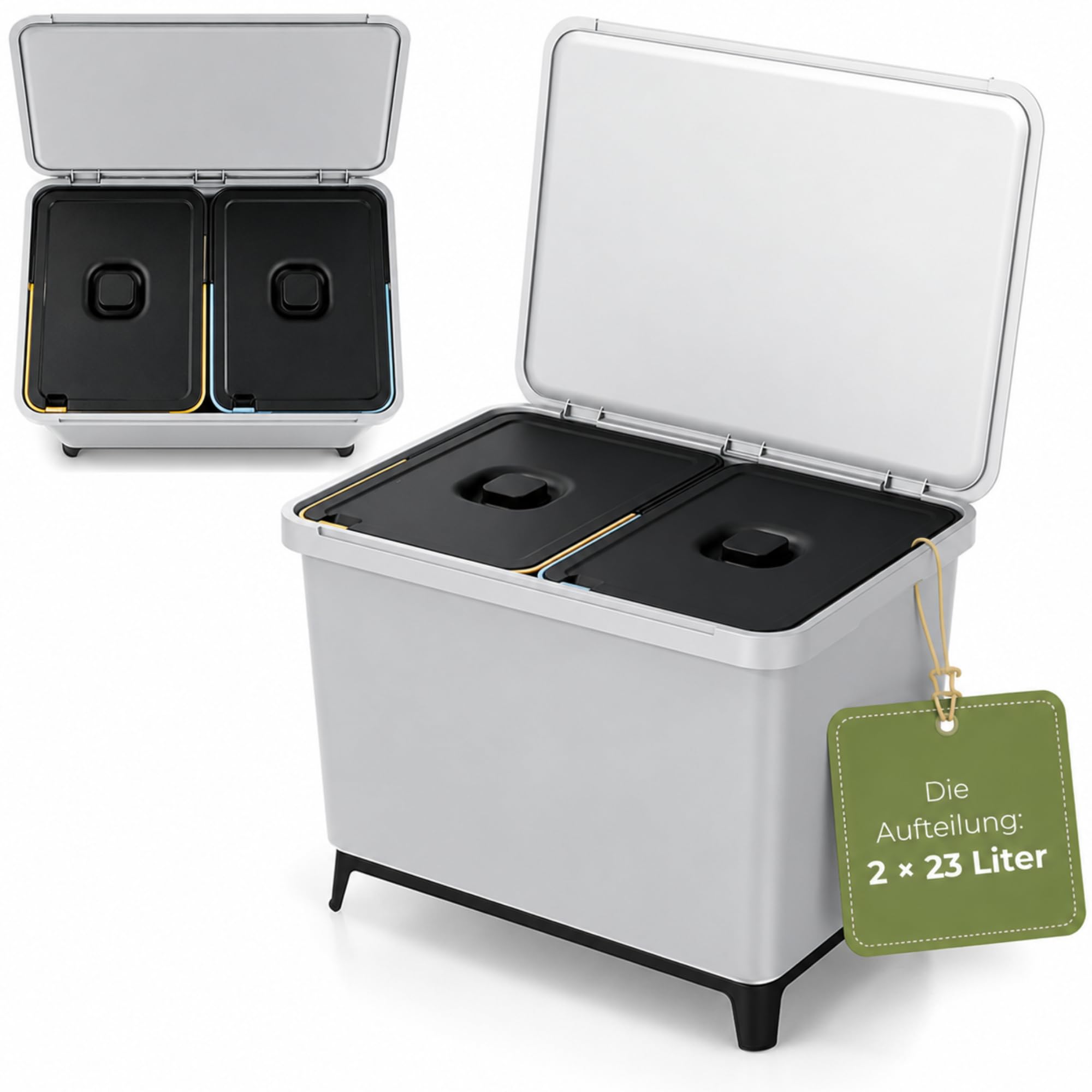 Stalco KEDEN SYSTEMA Mülltrennsystem 2-Fach, 46L: Abfalleimer 2x23L Recycling Mülleimer Mülltrenner Wandmontage Grau (2 Fach)
